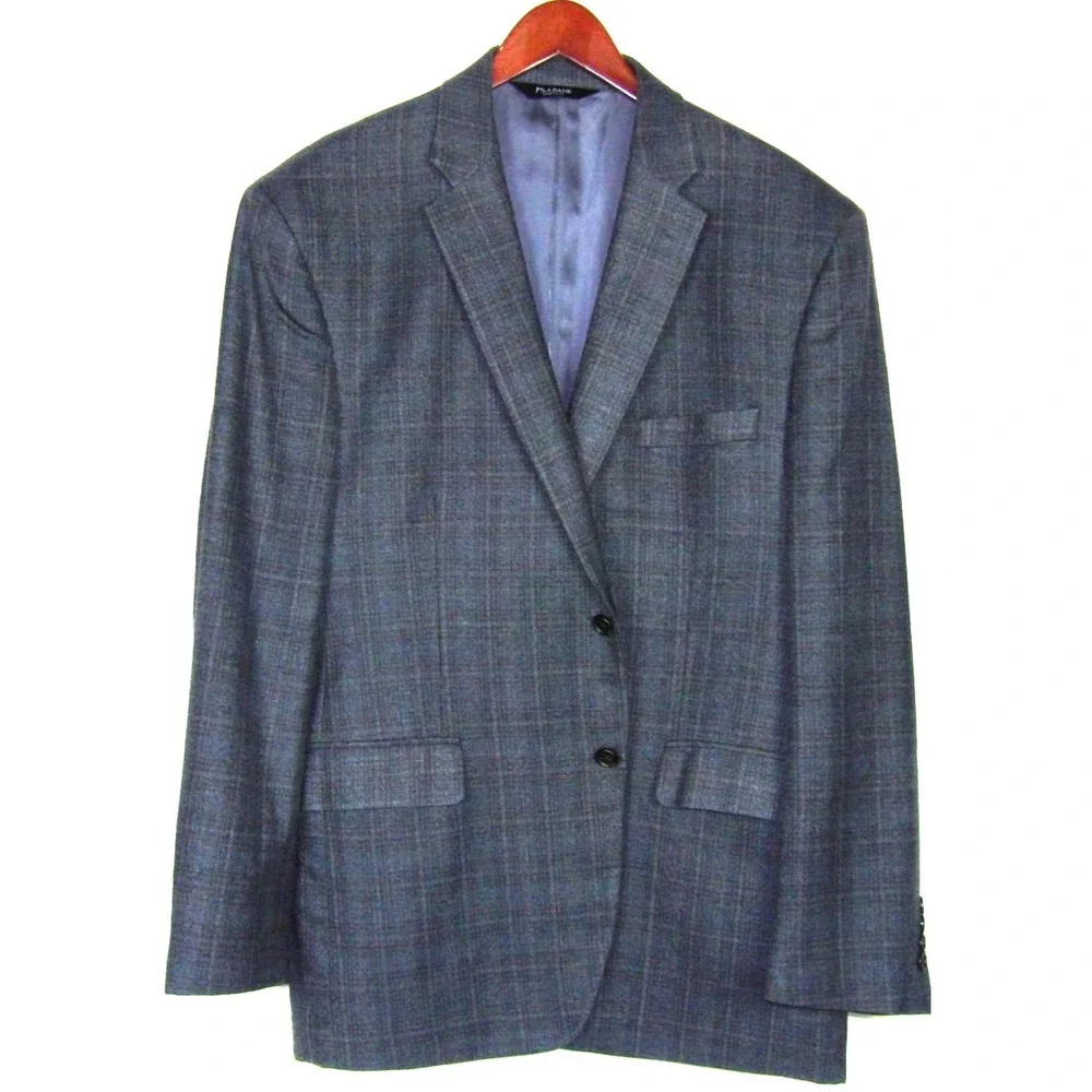 Jos. A. Bank SIGNATURE 2 Button Gray/Blue Plaid Silk/Wool Blazer Men's 44R